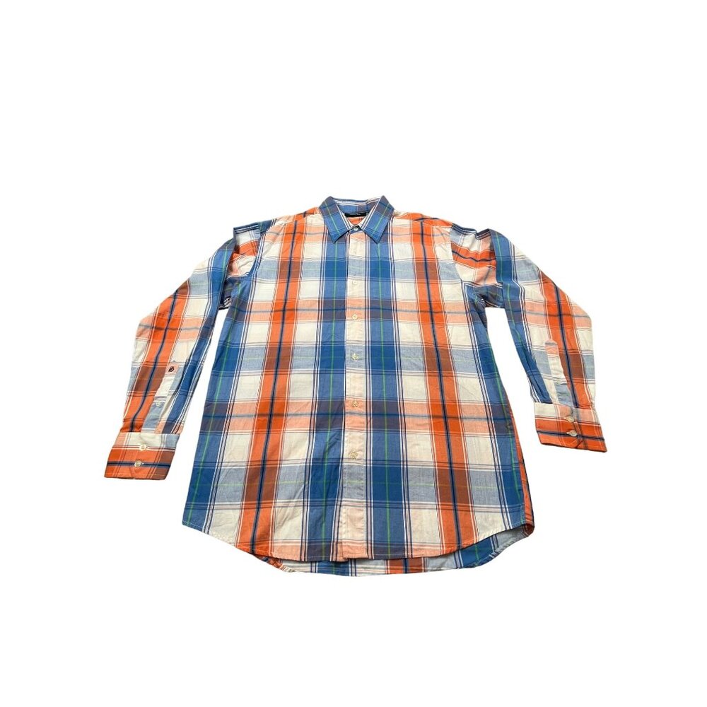 Southpole Signature Series Mens Large Blue & Orange Plaid Long Sleeve Shirt Y2K